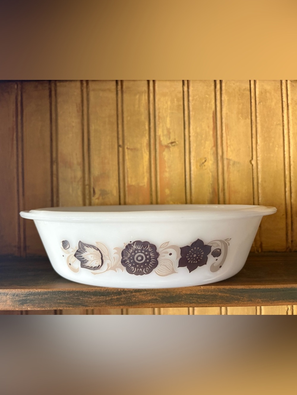 Vintage Glasbake White Milk Glass Oval Casserole Dish - J235 1 Qt Brown Flowers